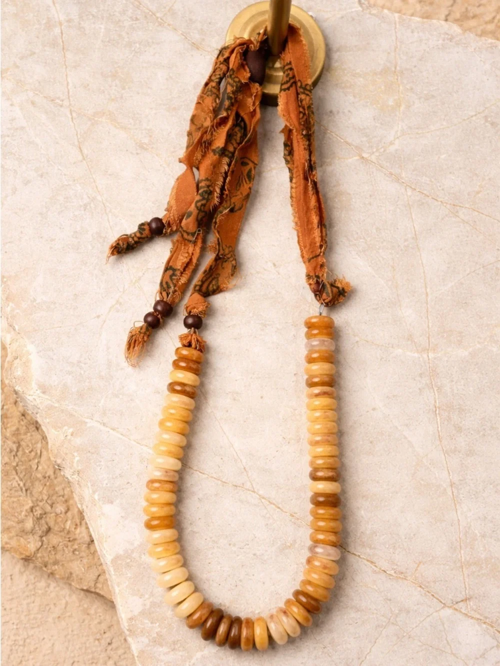 Free People Boho Disc Bead Necklace Ribbon Tie Natural Stone Style 99579872